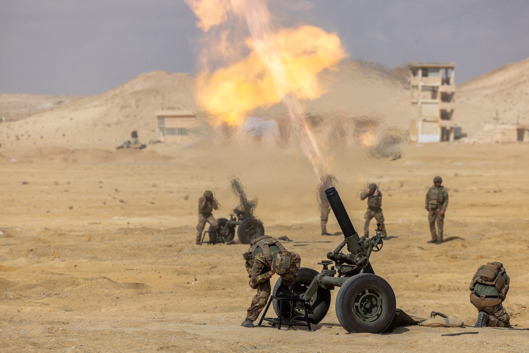 Service members of the Italian Navy assigned to Brigade Marine San Marco fire a 120mm mortar round from an MO-120 RT-F1 heavy mortar system during exercise BRIGHT STAR 25 at Mohamed Naguib Military Base (MNMB), Egypt, Sep. 7, 2025. BRIGHT STAR 25 enhances readiness and builds our partners’ capacity to operate seamlessly together while improving interoperability in a joint operations environment. (U.S. Army Photo by Joseph Kumzak)