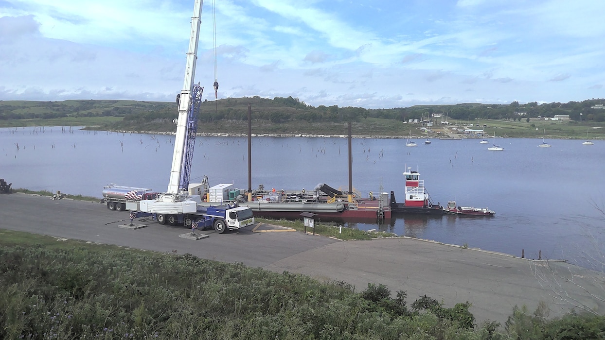 Large dredging machinery at Tuttle Creek Lake.