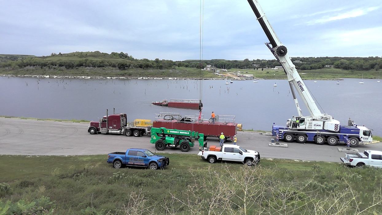 Large dredging machinery in Tuttle Creek Lake. 