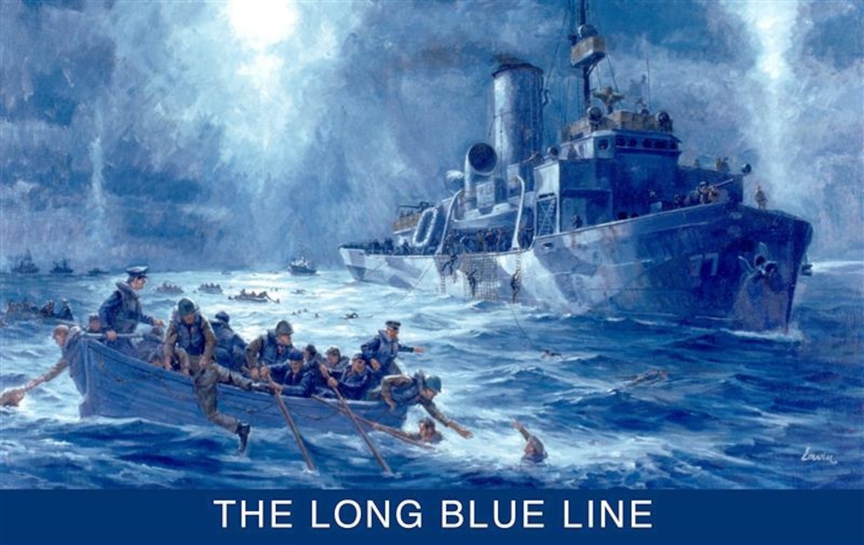 Painting of the Escanaba’s nighttime Dorchester rescue effort painted by Robert Lavin. (Coast Guard Collection)