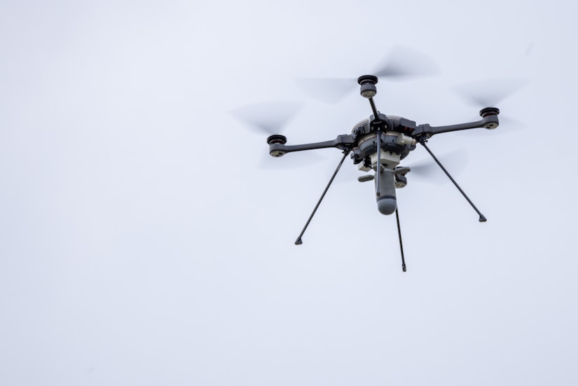 A drone flies in the sky.