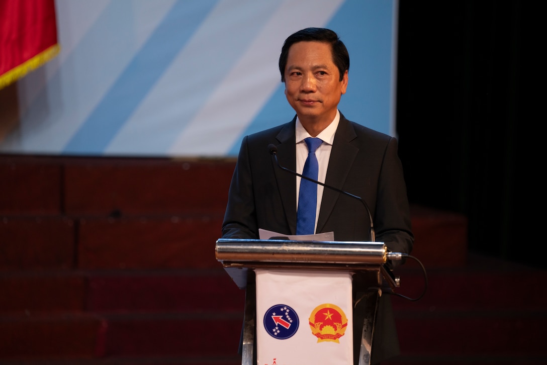 Vice Chairman of Quang Tri Province People’s Committee Hoang Nam discusses the impact of Pacific Friendship 2025 during its opening ceremony Sept. 9, 2025 in the Cinema and Cultural Center at Quang Tri, Vietnam.
