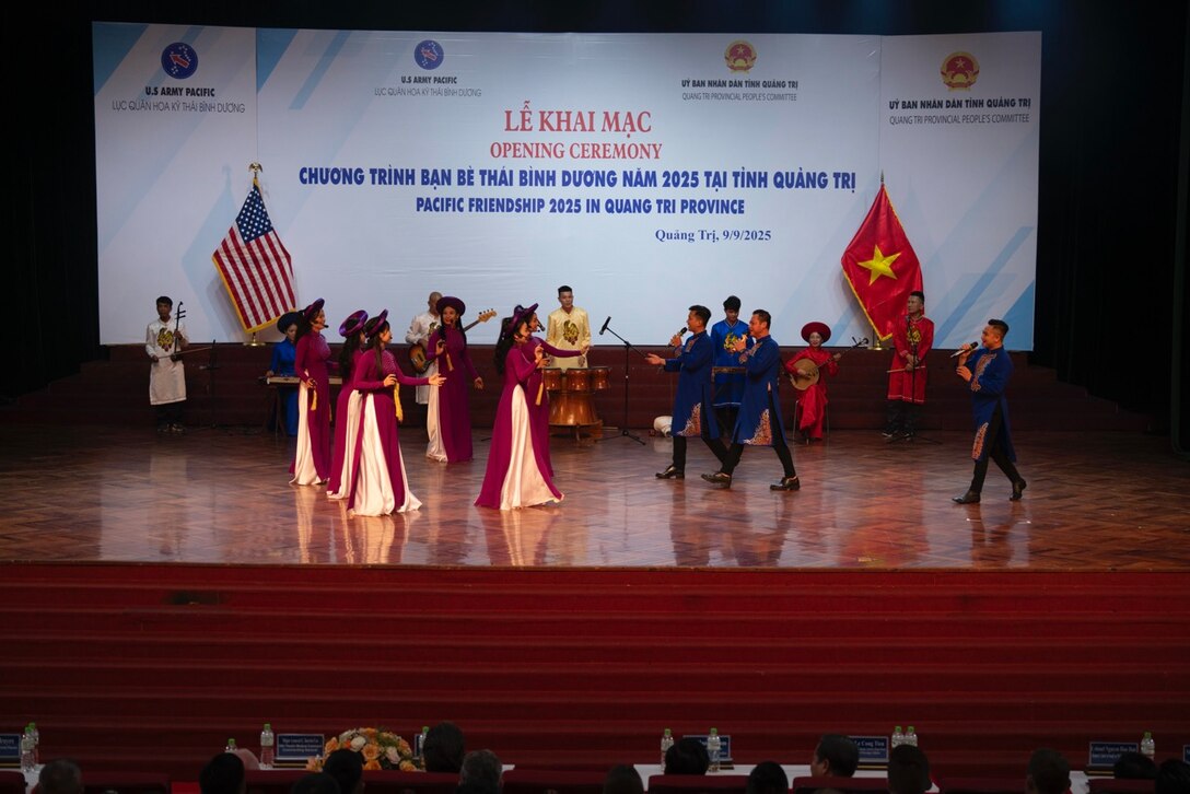 Dancers perform during the opening ceremony for Pacific Friendship 2025 on Sept. 9, 2025 in the Cinema and Cultural Center at Quang Tri, Vietnam. Pacific Friendship 2025.