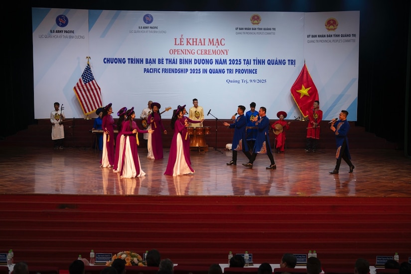 Dancers perform during the opening ceremony for Pacific Friendship 2025 on Sept. 9, 2025 in the Cinema and Cultural Center at Quang Tri, Vietnam. Pacific Friendship 2025.