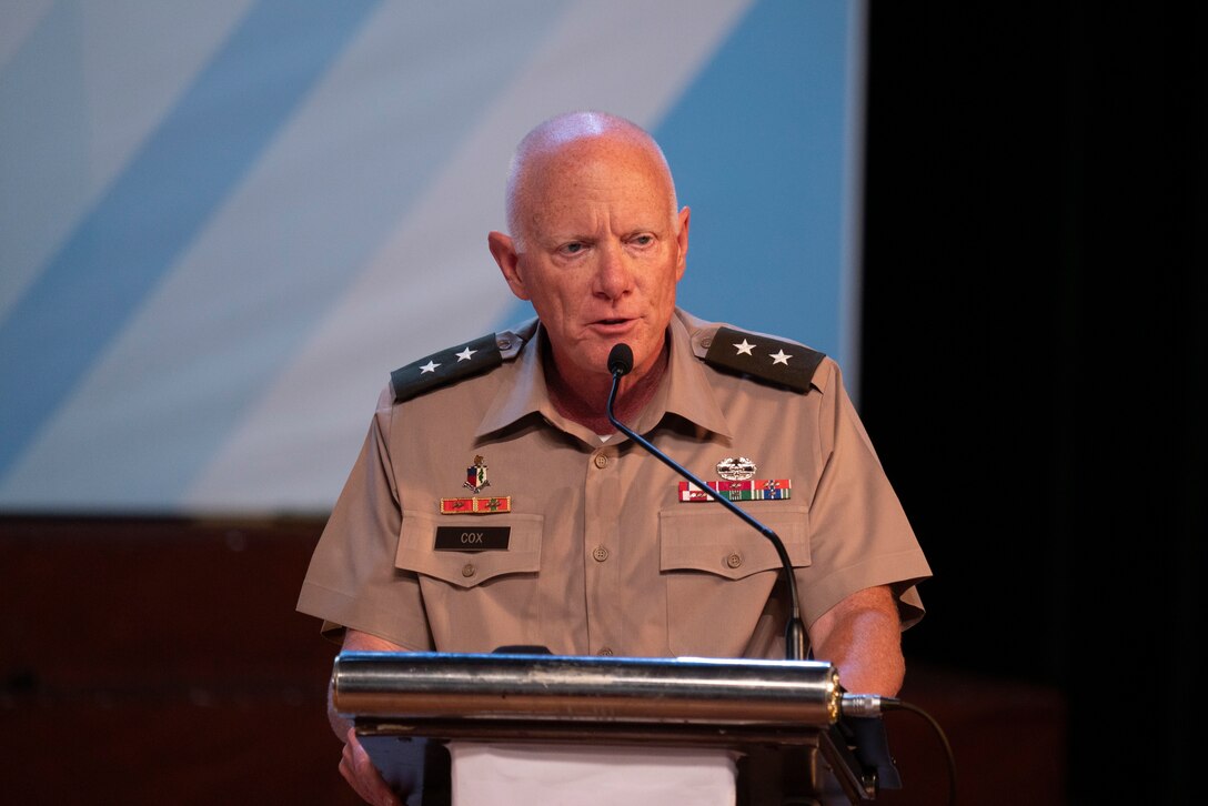 18th Theater Medical Commanding General Command Maj. Gen. E. Darrin Cox, gives an overview of the 12 exchanges in 10 locations U.S. Army, Oregon Army National Guard, and Oregon Air National Guard Soldiers are slated to compete alongside their People’s Army of Vietnam and Civilian partners during Pacific Friendship 2025 while addressing an audience at the namesake exchanges opening ceremony Sept. 9, 2025.