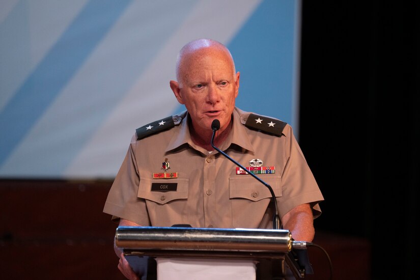 18th Theater Medical Commanding General Command Maj. Gen. E. Darrin Cox, gives an overview of the 12 exchanges in 10 locations U.S. Army, Oregon Army National Guard, and Oregon Air National Guard Soldiers are slated to compete alongside their People’s Army of Vietnam and Civilian partners during Pacific Friendship 2025 while addressing an audience at the namesake exchanges opening ceremony Sept. 9, 2025.