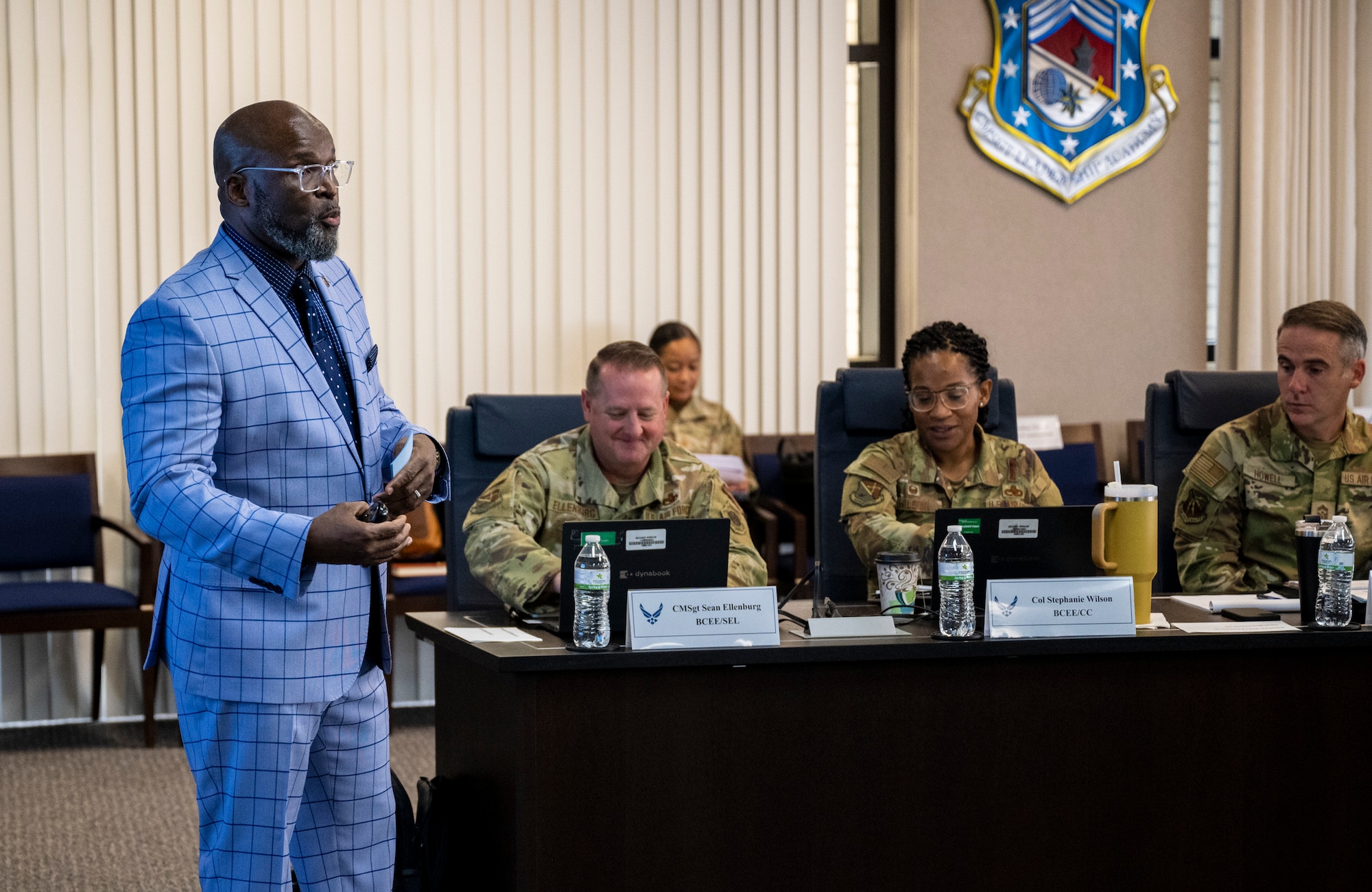 Mr. Brian McCutcheon, Barnes Center for Enlisted Education instructional system designer, briefs leaders at the Enlisted Professional Military Education Biennial Review at the Air Force Senior Noncommissioned Officer Academy, Maxwell Air Force Base, Gunter Annex, Ala., Sept. 8. The EPME Biennial Review board convenes no less than once every other year to review the EPME strategic plan, policies, curricula, resources and processes. (U.S. Air Force photo by Brian Ferguson)