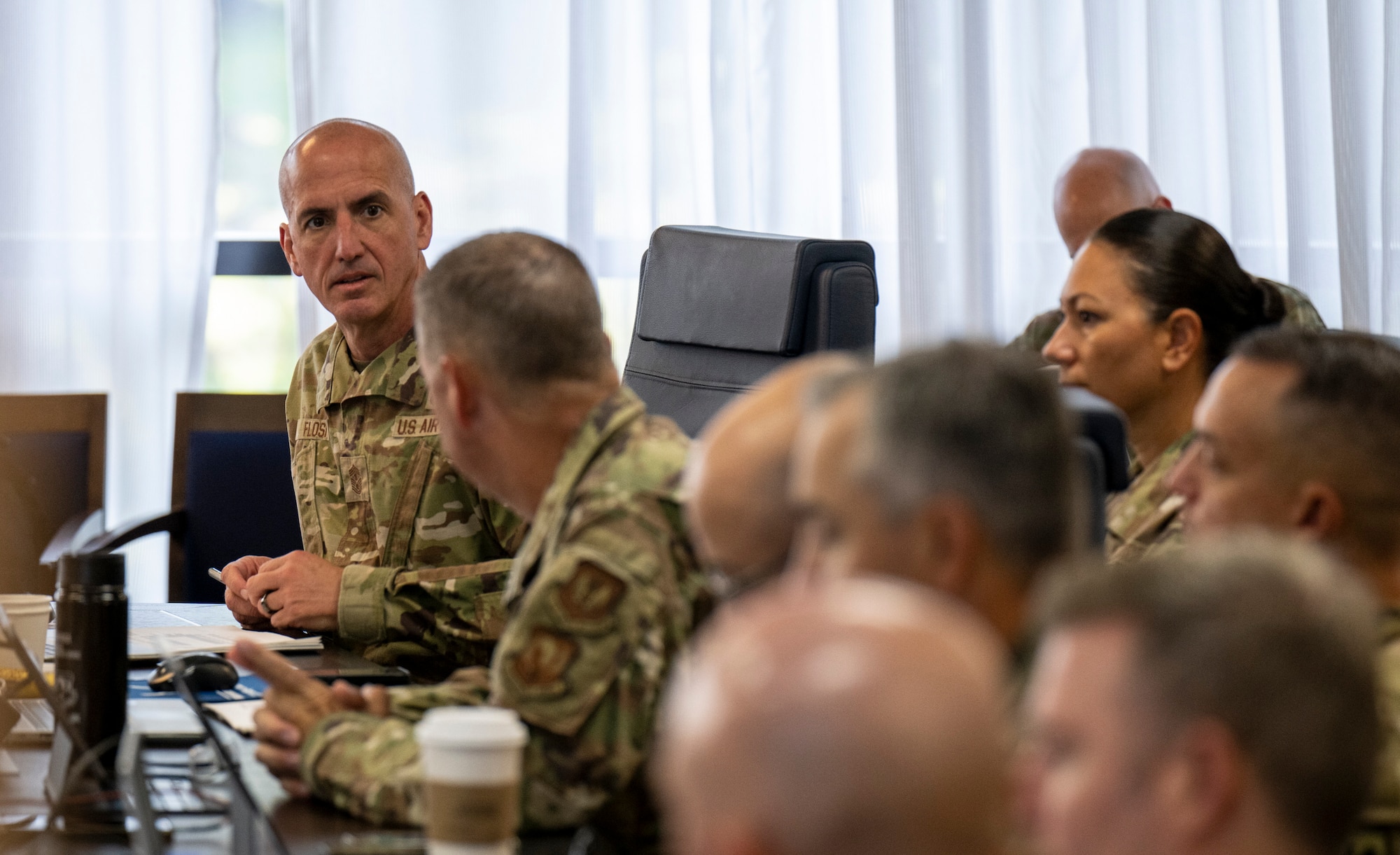 Chief Master Sgt. of the Air Force David A. Flosi talks with members of the Enlisted Force Development Panel held at the Air Force Senior Noncommissioned Officer Academy, Maxwell Air Force Base, Gunter Annex, Ala., Sept. 9. The Enlisted Force Development Panel is charged to review, evaluate, and make recommendations to senior Air Force leaders regarding concerns, programs and initiatives relating to the education, training and experiences impacting enlisted Airman development. (U.S. Air Force photo by Brian Ferguson)