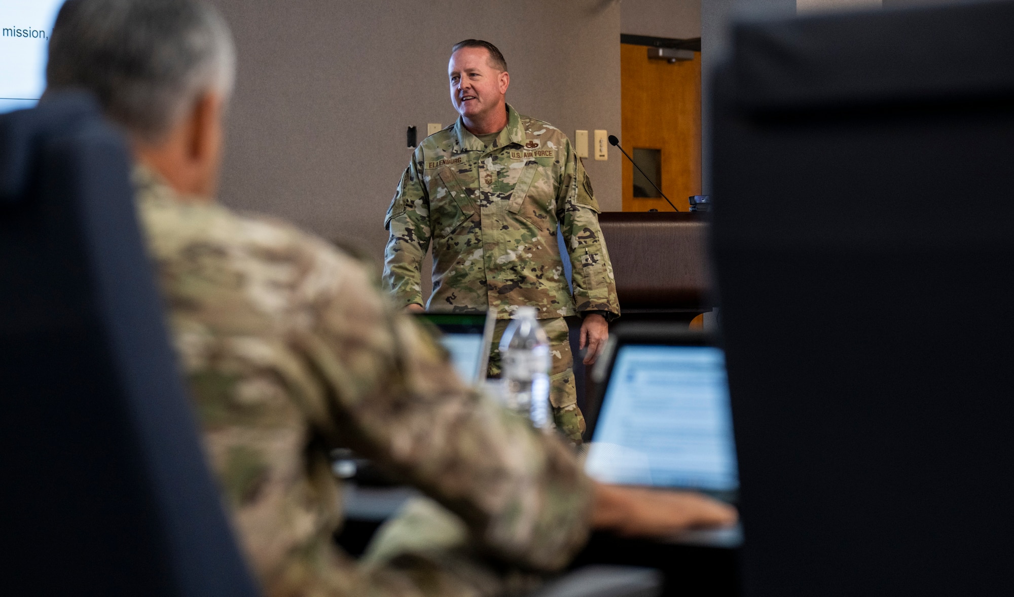 Chief Master Sgt. Sean Ellenburg, Barnes Center for Enlisted Education senior enlisted leader, briefs the Enlisted Force Development Panel at the Air Force Senior Noncommissioned Officer Academy, Maxwell Air Force Base, Gunter Annex, Ala., Sept. 9. The Enlisted Force Development Panel is charged to review, evaluate, and make recommendations to senior Air Force leaders regarding concerns, programs and initiatives relating to the education, training and experiences impacting enlisted Airman development. (U.S. Air Force photo by Brian Ferguson)