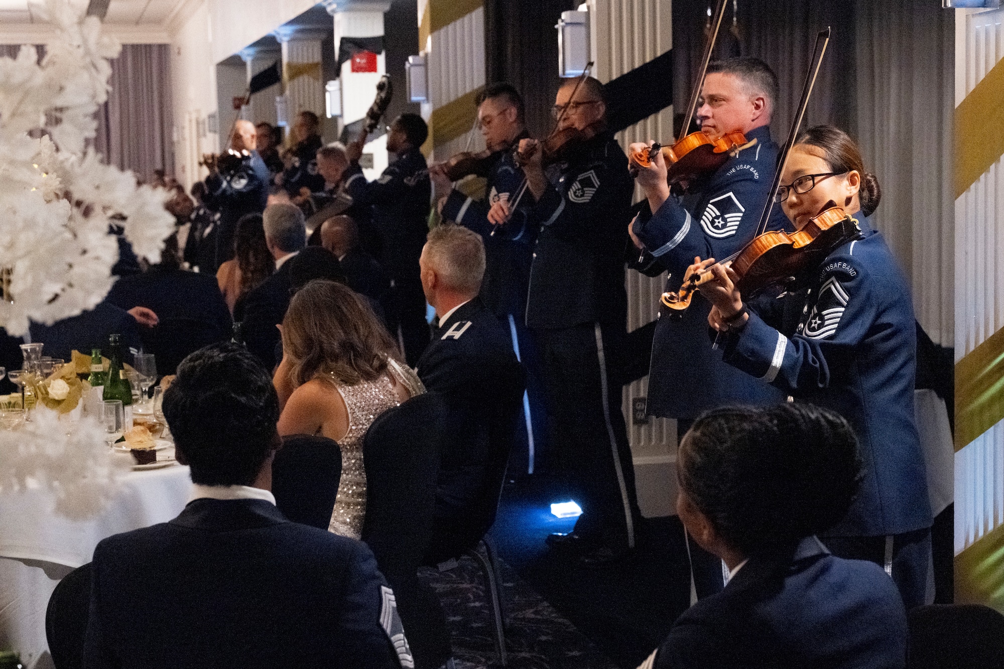 The U.S. Air Force Band’s Strolling Strings perform during the Joint Base Anacostia-Bolling U.S. Air Force 78th Birthday Ball, Washington, D.C., Sept. 5, 2025. The Strolling Strings provided a modern touch on classical entertainment, inspiring listeners and honoring Air Force heritage.  (U.S. Air Force photo by Hayden Hallman)