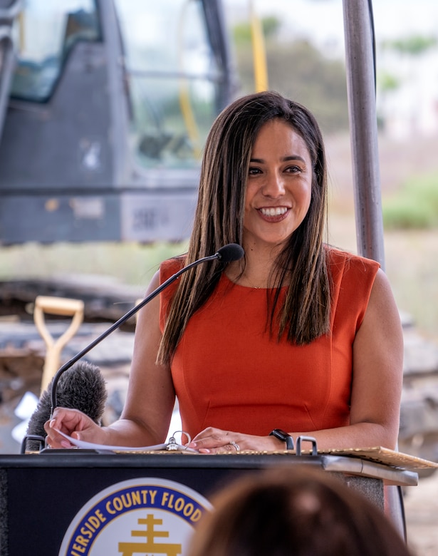 Julianna Adams, chief of emergency management and government affairs at the Riverside County Flood Control and Water Conservation District, delivers remarks Aug. 28 during the groundbreaking ceremony for Phase 2B of the Murrieta Creek Flood Control, Environmental Restoration and Recreation Project in Temecula, California.