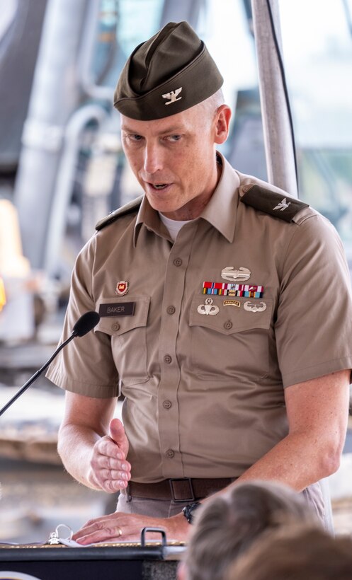 Col. Andrew Baker, commander of the U.S. Army Corps of Engineers Los Angeles District, speaks Aug. 28 about the importance of partnership and technical precision during the groundbreaking ceremony for Phase 2B of the Murrieta Creek Flood Control, Environmental Restoration and Recreation Project in Temecula, California.