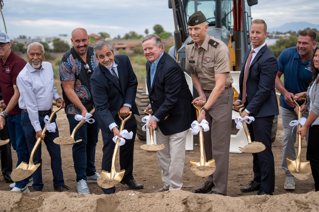Col. Andrew Baker, commander of the U.S. Army Corps of Engineers Los Angeles District, right of center, joins local, state and federal leaders Aug. 28 to break ground on Phase 2B of the Murrieta Creek Flood Control, Environmental Restoration and Recreation Project in Temecula, California.