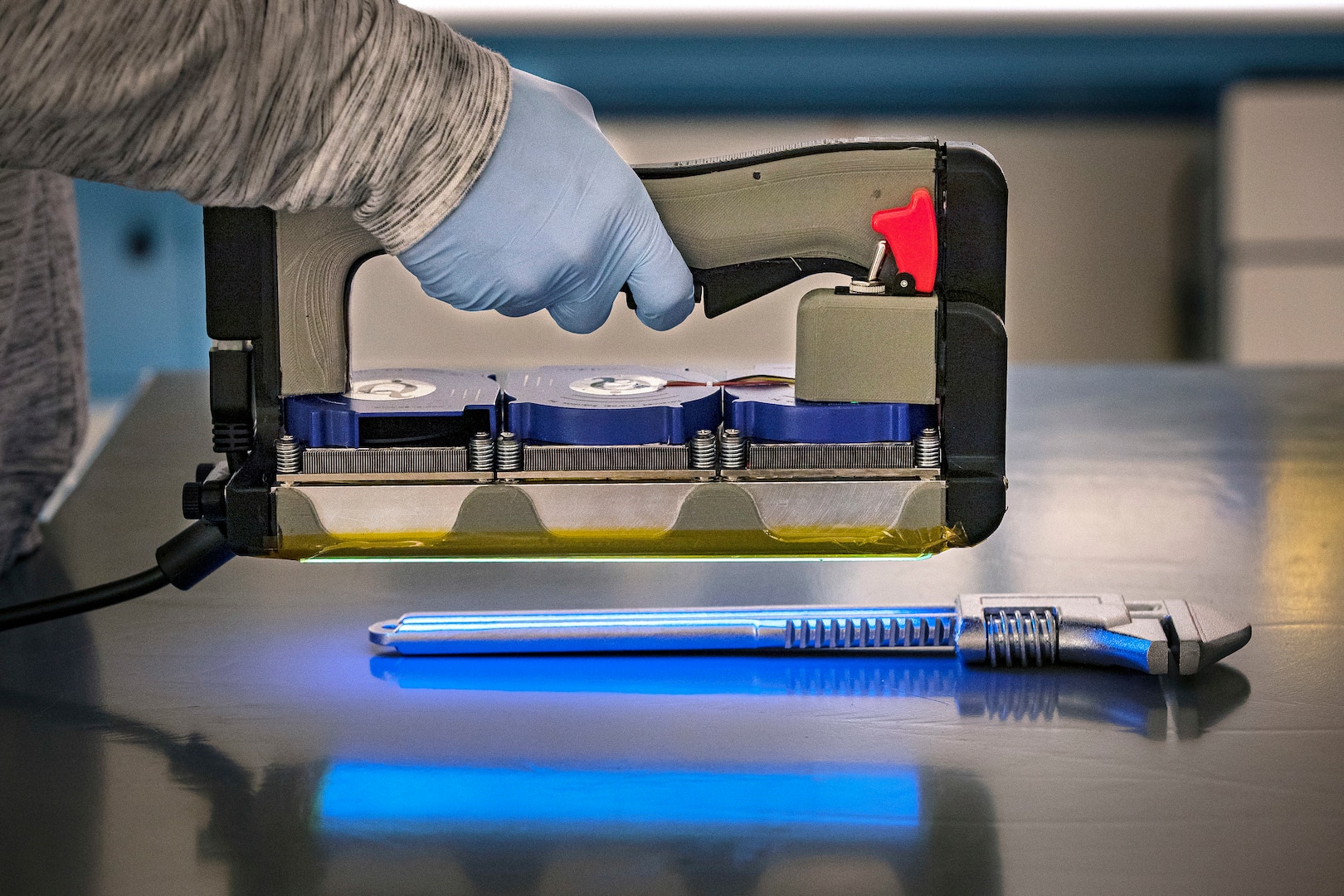"Keiko," one of two UVC-LED Handheld Sanitizers, was designed and built by employees in the new PSNS Innovation Lab in Building 435 at Puget Sound Naval Shipyard & Intermediate Maintenance Facility in Bremerton, Washington. (PSNS & IMF photo by Scott Hansen)