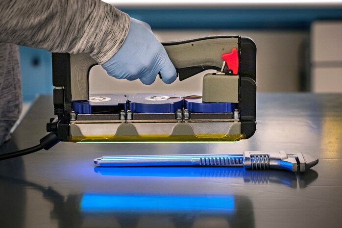 "Keiko," one of two UVC-LED Handheld Sanitizers, was designed and built by employees in the new PSNS Innovation Lab in Building 435 at Puget Sound Naval Shipyard & Intermediate Maintenance Facility in Bremerton, Washington. (PSNS & IMF photo by Scott Hansen)