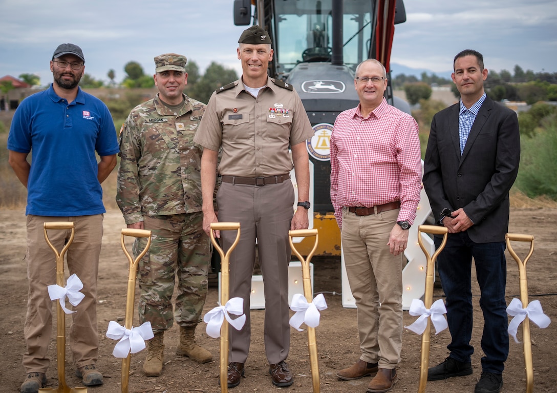 U.S. Army Corps of Engineers Los Angeles District teammates stand together for a photo Aug. 28 at the groundbreaking ceremony for Phase 2B of the Murrieta Creek Flood Control, Environmental Restoration and Recreation Project in Temecula, California. From left to right: Florin Nistor, lead project engineer and contracting officer’s representative for Murrieta Creek Phase 2B; Maj. Matthew Morgan, alternate project engineer and contracting officer’s representative for Murrieta Creek Phase 2B; Col. Andrew Baker, LA District commander; Darrell Buxton, chief of the LA District’s Civil Works Branch; and Damien Lariviere, project manager.