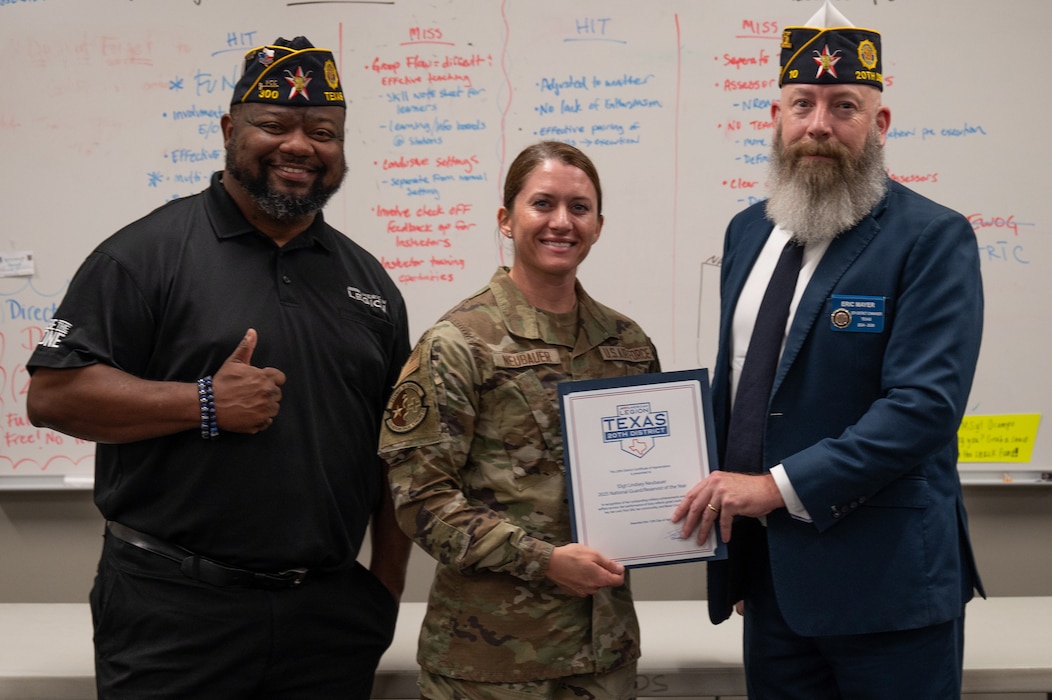 Staff Sgt. Lindsey Neubauer, 433rd Aeromedical Staging Squadron, was presented the Spirit of Service Award by the American Legion, during the 433rd Medical Group’s commander’s call, Aug. 2, 2025.