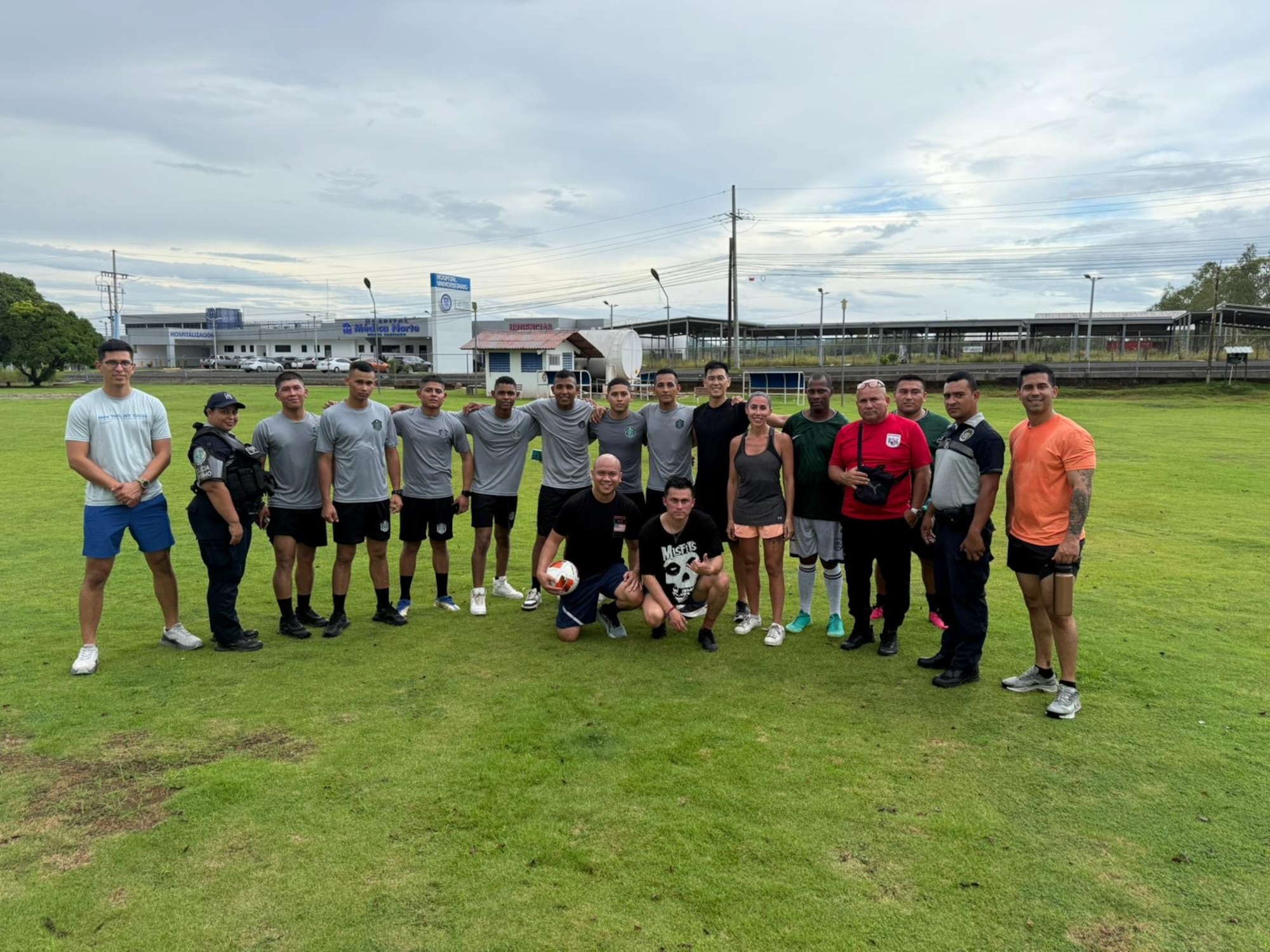Members of the surgical team and Policía Nacional de Panamá pose for a photo after competing in a friendly soccer match during Panamax Alpha Phase II, Santiago de Veraguas, Panama, Sept. 7, 2025. Although the purpose of the visit to Panama was to conduct a surgical eye mission, building partnership on and off the field brought a sense of unity to all involved.