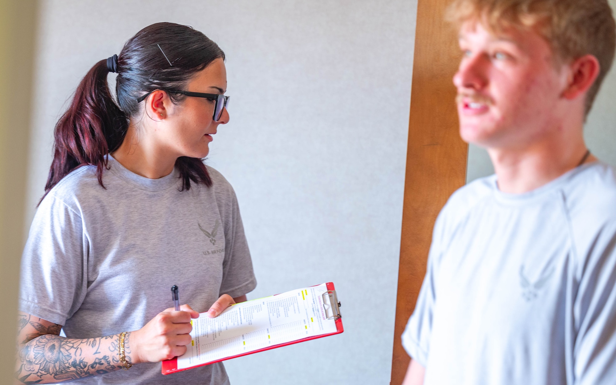 U.S. Air Force Staff Sgt. Mariah Lindsey, 56th Civil Engineer Squadron unaccompanied housing airman dorm leader, executes a dorm inspection, Sept. 3, 2025, at Luke Air Force Base, Arizona.