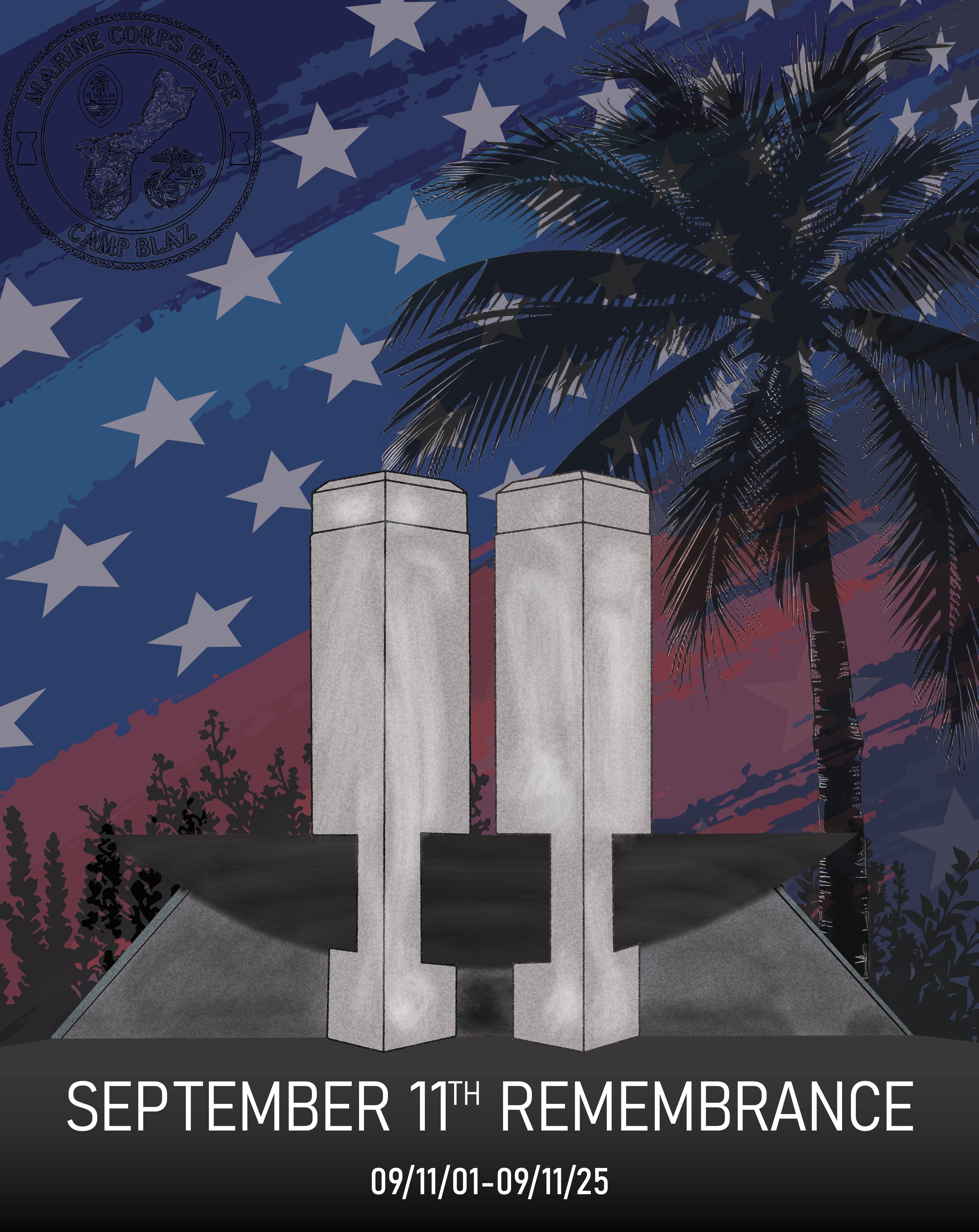 This U.S. Marine Corps graphic illustration reflects and honors those lost during 9/11 and was created in Adobe Illustrator, on Marine Corps Base Camp Blaz, Guam, Sept. 9, 2025. The National Day of Service and Remembrance is dedicated to honoring the victims of the 2001 terrorist attacks through acts of service and unity. (U.S. Marine Corps graphic illustration by Lance Cpl. Tanner Currin)