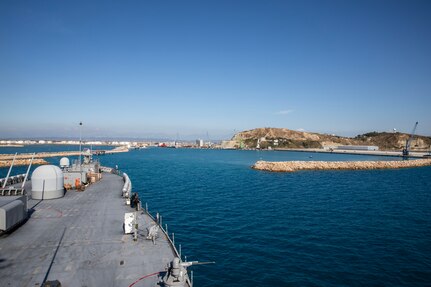 The Blue Ridge-class command and control ship USS Mount Whitney (LCC 20) arrives in Porto Romano, Durrës, Albania, for a schedule port visit. Mount Whitney is on a scheduled deployment in the U.S. 6th Fleet area of operations to support the warfighting effectiveness, lethality and readiness of U.S. Naval Forces Europe-Africa, and defend U.S., Allied and partner interests in the region.