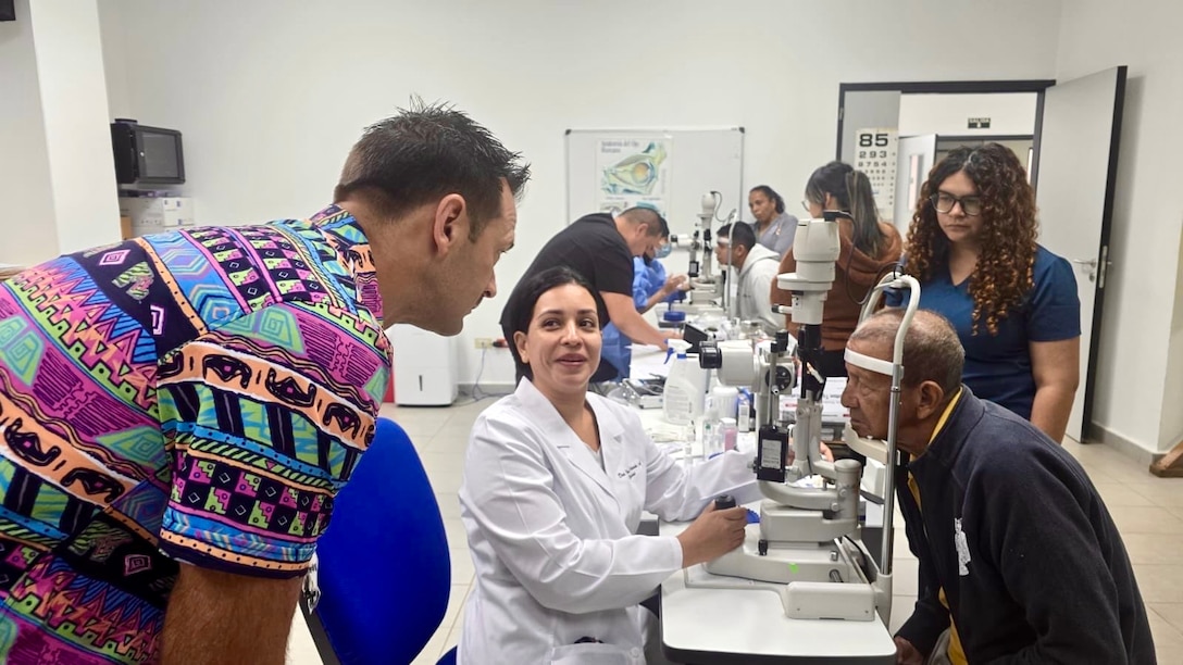 Dr. Ivonne Alvarado, Ophthalmologist at Dr. Luis “Chicho” Fabrega Regional Hospital evaluates a patient ahead of the eight-day eye surgical mission during Panamax Alpha Phase II, Santiago de Veraguas, Panama, Aug. 26, 2025, through Sept. 11, 2025. The surgical mission brought together 48 local and U.S. doctors, nurses, and technicians to complete cataract removals, corneal transplants and other complex procedures alleviating an over six-month wait for some. The over 200 surgeries provided not only improved eyesight but symbolized the strength of the U.S.-Panama partnership. (Courtesy Photo)