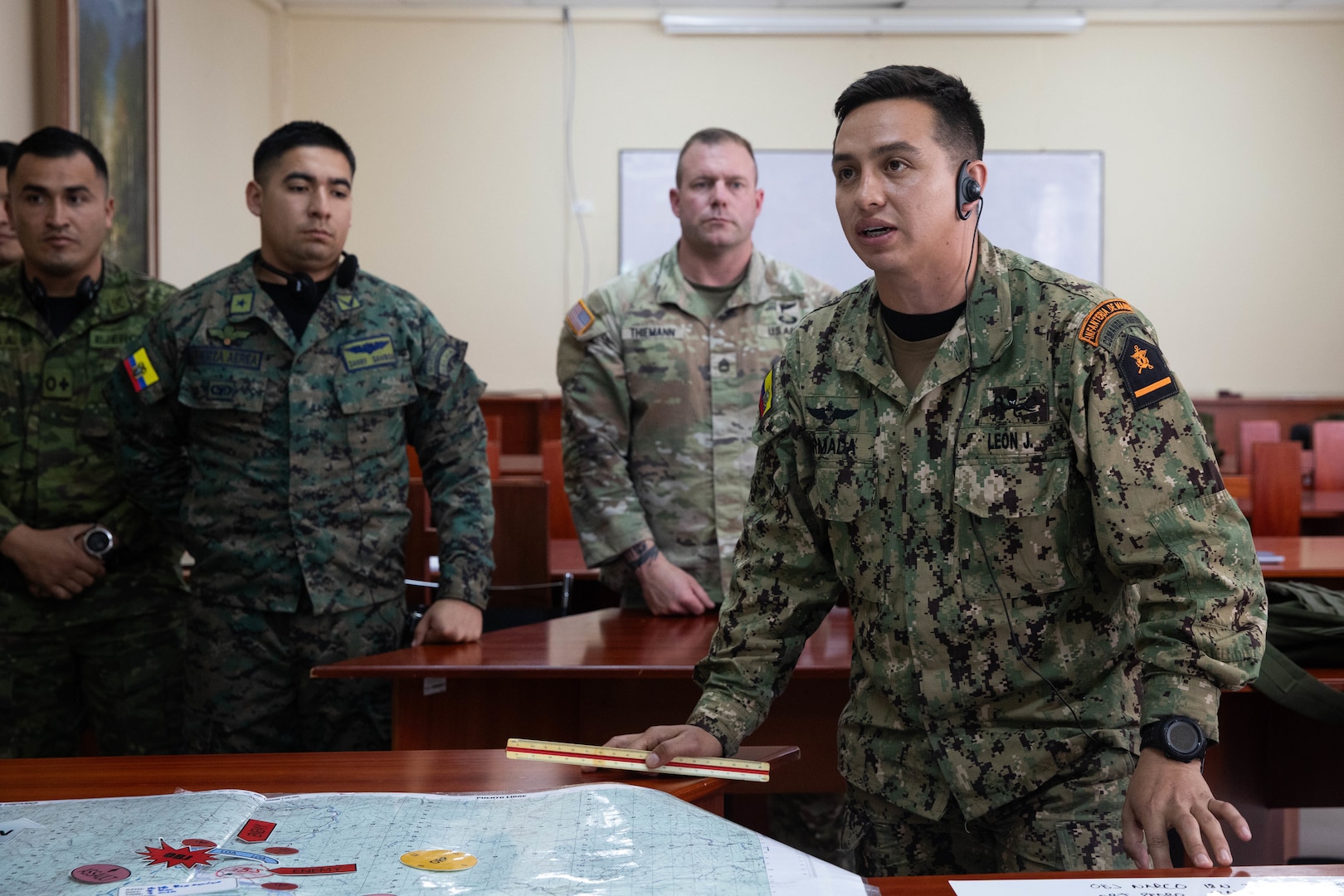 Members of the Ecuadorian 9th Special Forces Brigade back-brief their simulated air assault concept of operations during an air assault planning exchange as part of the Kentucky National Guard's State Partnership Program in Latacunga, Ecuador, Aug. 20, 2025.