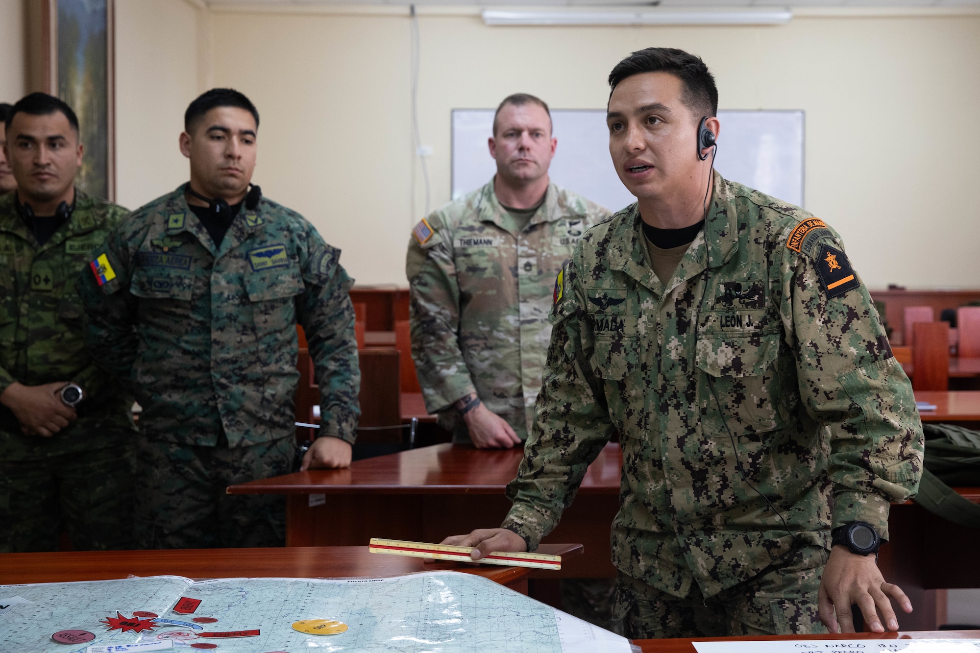 Members of the Ecuadorian 9th Special Forces Brigade back-brief their simulated air assault concept of operations during an air assault planning exchange as part of the Kentucky National Guard's State Partnership Program in Latacunga, Ecuador, Aug. 20, 2025.