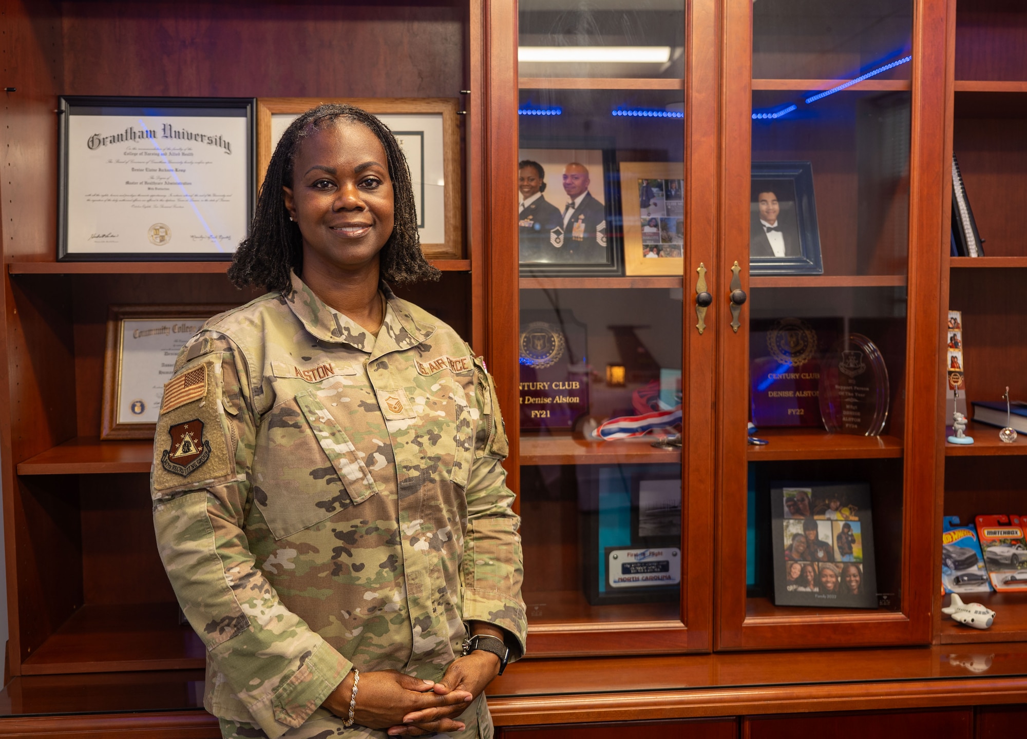 Master Sgt. Denise Alston, recruiting flight chief for the 315th Airlift Wing, sets up her new office at Joint Base Charleston, South Carolina, Aug. 2, 2025. Reserve recruiters are charged with finding and connecting with qualified individuals to serve in the Air Force Reserve.