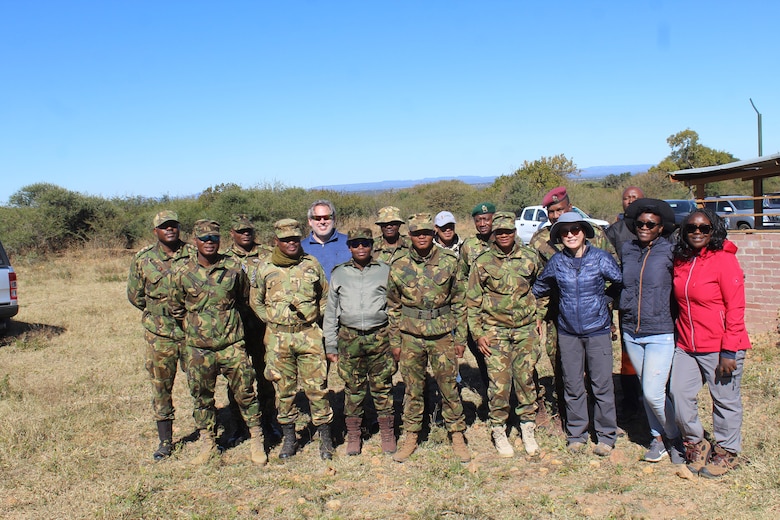 Drs. Yoko Slowey and Mark Chappell, with ERDC's Environmental Lab, and USACE Europe District representatives pose with members of the Botswana Defense Force and the U.S. Embassy team.
