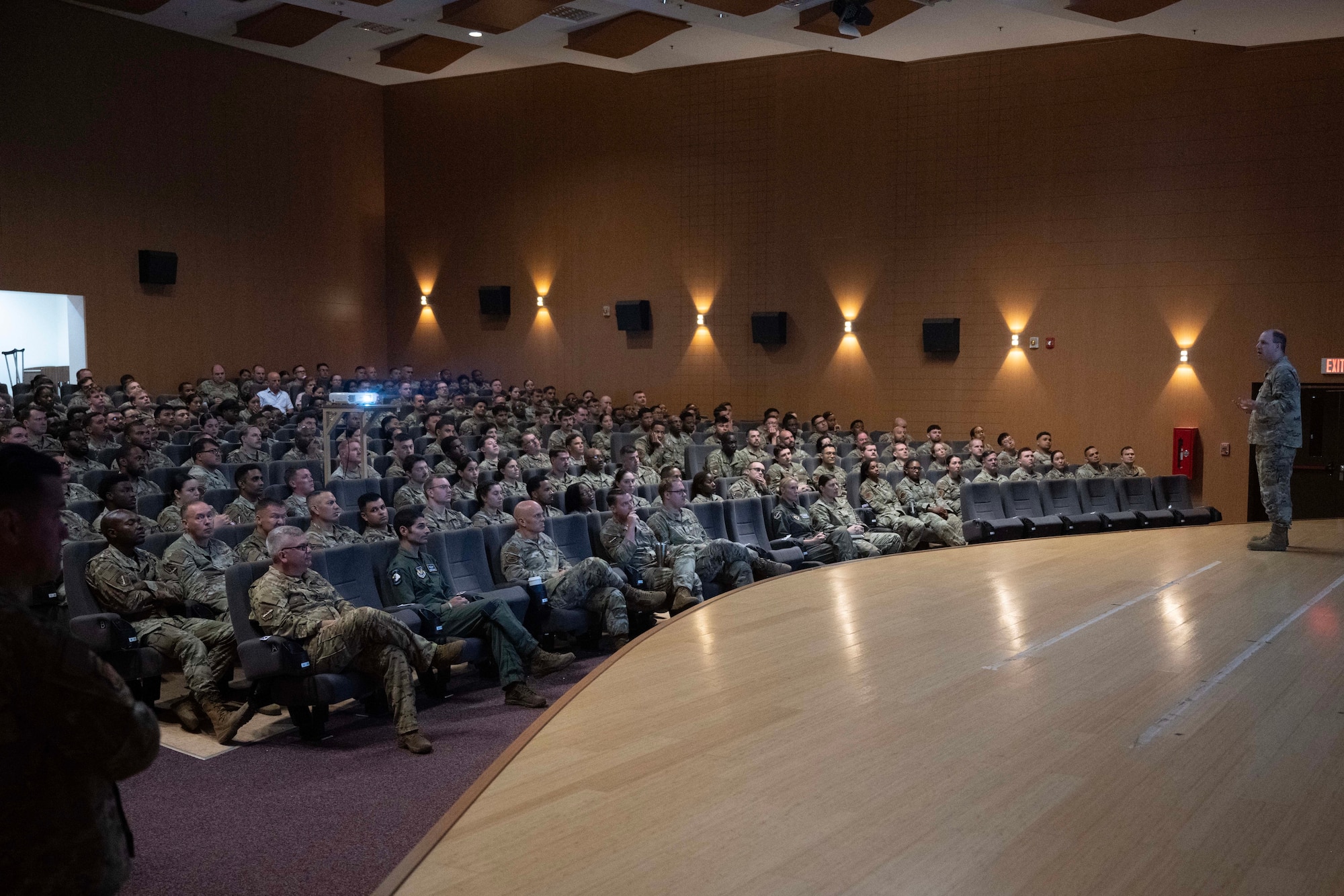 Airmen assigned to the 39th Air Base Wing attend an all-call at Incirlik Air Base, Türkiye, Sept. 4, 2025. The event marked the launch of preparations for exercise Titan Shield 25-09, aligning personnel on mission expectations, safety protocols, and operational objectives to ensure readiness for decisive response during the upcoming exercise. (U.S. Air Force photo by Senior Airman Greydon Furstenau)