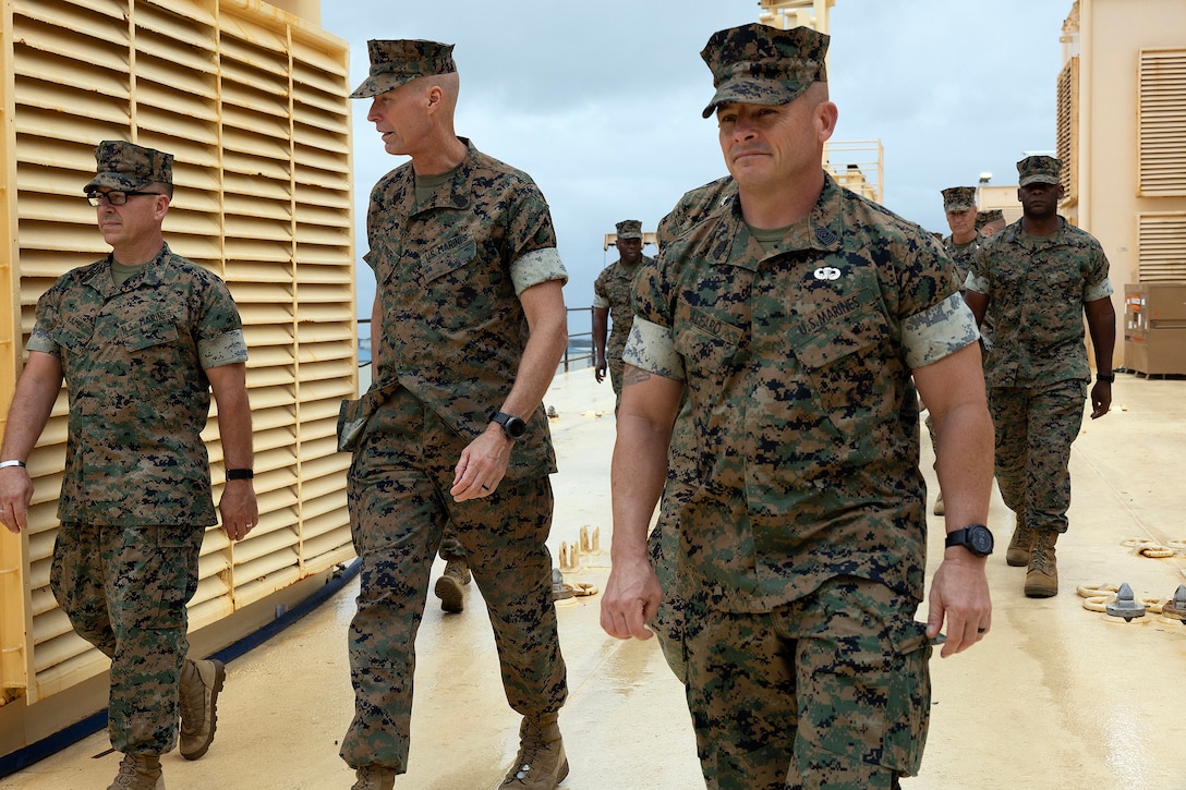 U.S. Marine Corps Sgt. Maj. Bryan Alfaro, senior enlisted leader for Marine Corps Air Station Beaufort, walks aboard the USNS Sgt. William R. Button Sept. 9, 2025, during the Marine Corps Installations East fall commander’s conference at Marine Corps Support Facility Blount Island in Jacksonville, Florida. The Military Sealift Command-operated cargo ship has supported Marines, joint forces and allied nations for nearly four decades as part of the Marine Corps Prepositioning Program. (U.S. Marine Corps photo by Dustin Senger)