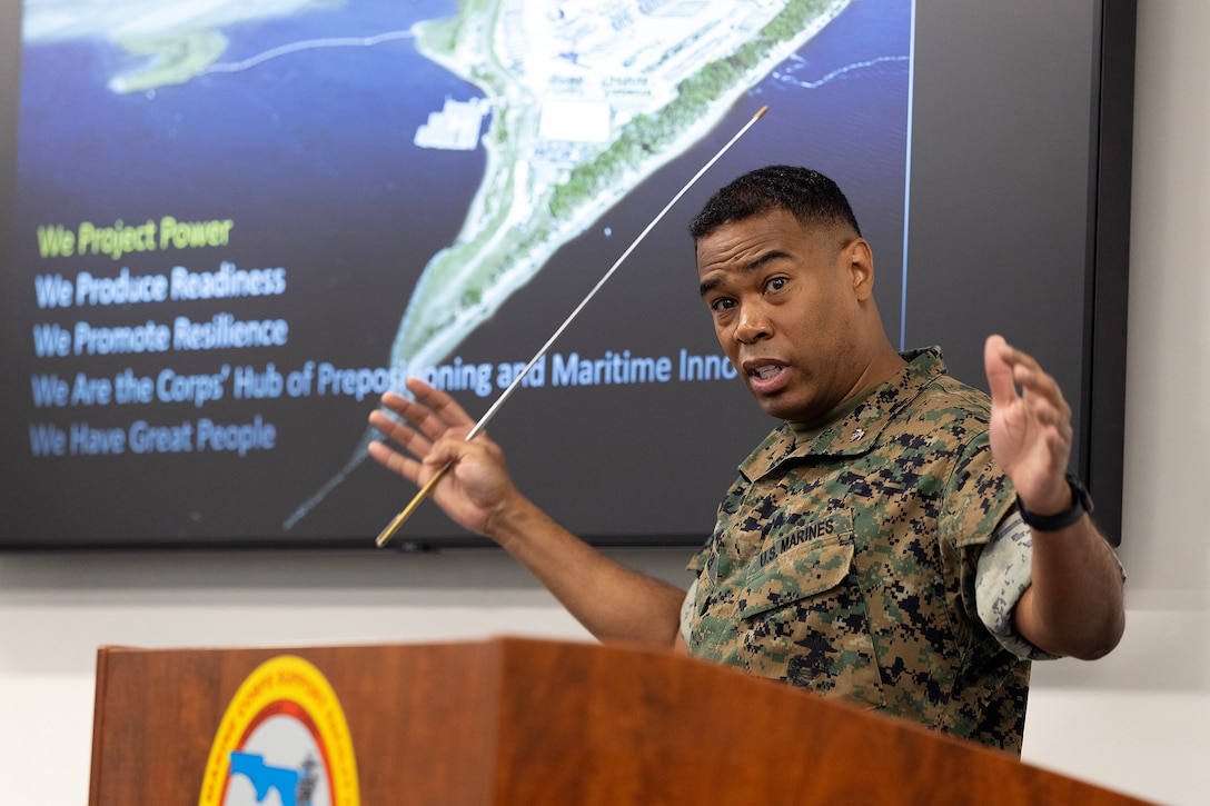 U.S. Marine Corps Col. David Merles, commanding officer of Marine Corps Support Facility Blount Island, gives a facility brief Sept. 10, 2025, during the Marine Corps Installations East fall commander’s conference at MCSF Blount Island in Jacksonville, Florida. The conference brought regional leaders together to align mission priorities and highlight Blount Island’s role in sustaining global Marine Corps operations. (U.S. Marine Corps photo by Dustin Senger)