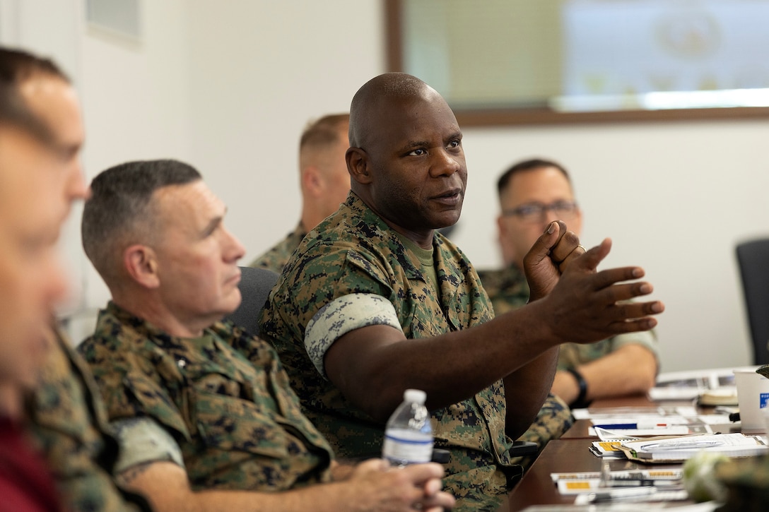 U.S. Marine Corps Sgt. Maj. Wesley Turner II, senior enlisted leader of Marine Corps Installations East and Marine Corps Base Camp Lejeune, discusses troop welfare and community support Sept. 10, 2025, during the Marine Corps Installations East fall commander’s conference at Marine Corps Support Facility Blount Island in Jacksonville, Florida. Turner emphasized the value of veteran reintegration and skilled trades in strengthening both the Marine Corps and local communities. (U.S. Marine Corps photo by Dustin Senger)