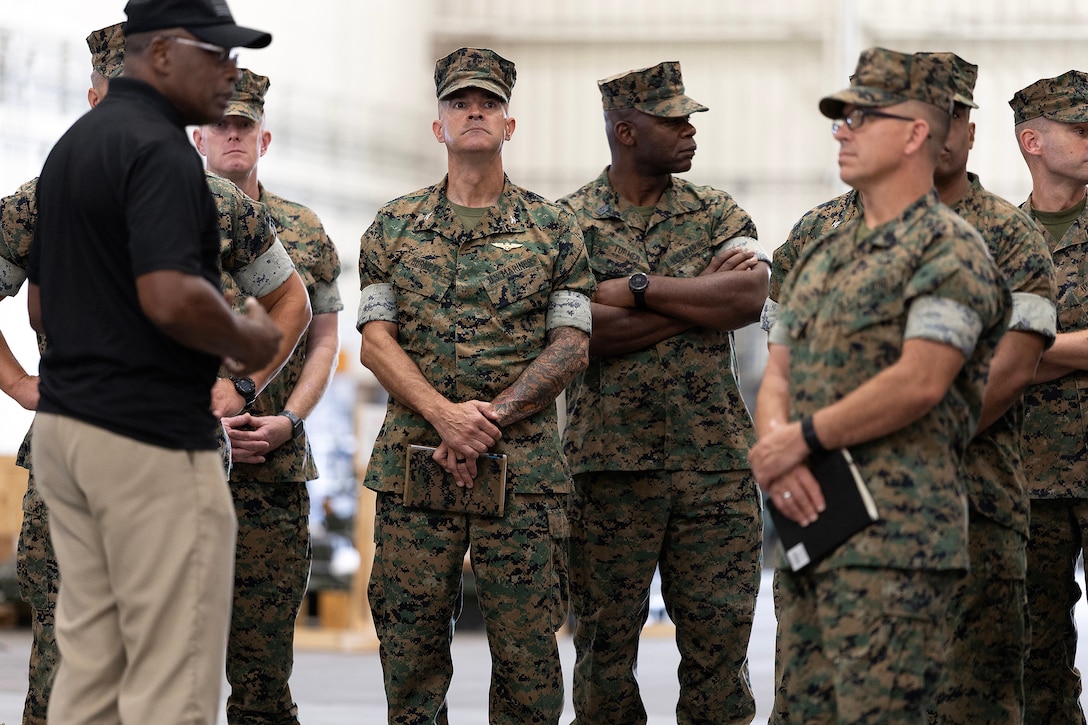 Thurman Bobbett, head of maintenance management at Blount Island Command, speaks with regional commanders and sergeants major Sept. 9, 2025, during the Marine Corps Installations East fall commander’s conference at Marine Corps Support Facility Blount Island in Jacksonville, Florida. Bobbett oversees corrective and preventative maintenance procedures that keep prepositioned Marine Corps equipment combat-ready for global deployment. (U.S. Marine Corps photo by Dustin Senger)