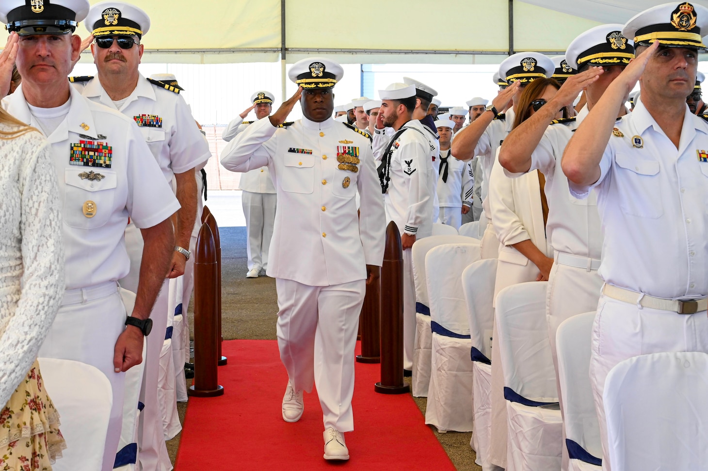 NAVAL STATION ROTA, Spain (Sep. 10, 2025) Capt. Kelechi R. Ndukwe arrives to the Command Task Force (CTF) 65, Destroyer Squadron (DESRON) 60 change of command ceremony onboard Naval Station (NAVSTA) Rota, Spain, Sep. 10, 2025.