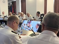 Vice Adm. J.T. Anderson (center) speaks during the Sea Breeze 25-3 Fleet Commander’s Conference, Sept. 11, 2025.