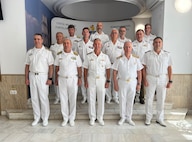 Vice Adm. J.T. Anderson (center) poses for a photo with naval representatives from Bulgaria, Estonia, France, Greece, Italy, Latvia, Norway, Romania, Sweden, Türkiye, Ukraine, U.K. at the Fleet Commander’s Conference, Sept. 11, 2025.
