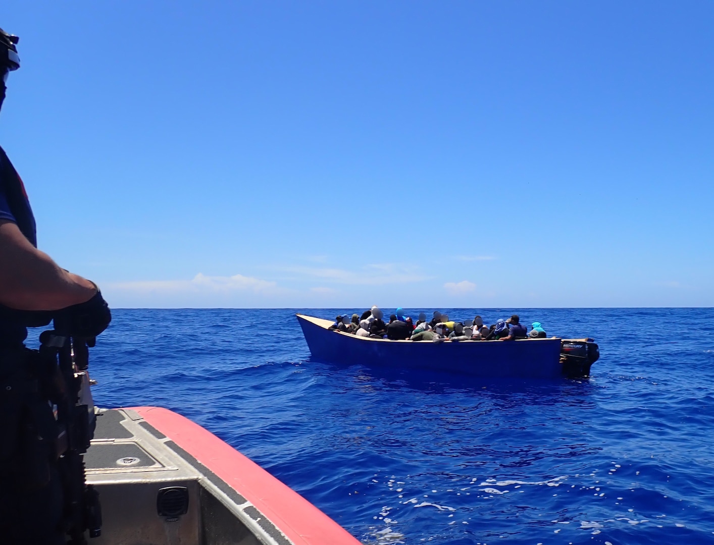 Coast Guard Cutter Heriberto Hernandez’s over the horizon small boat is on scene with an unlawful migration voyage vessel with 66 aliens who were interdicted in Mona Passage waters off Puerto Rico, Sept. 9, 2025.  All 66 aliens, including 48 Dominican Republic nationals, 16 Haitians and two Romanians were repatriated to San Pedro de Macoris, Dominican Republic, where they were transferred to Dominican Republic Navy authorities, Sept. 11, 2025.  (U.S. Coast Guard photo)