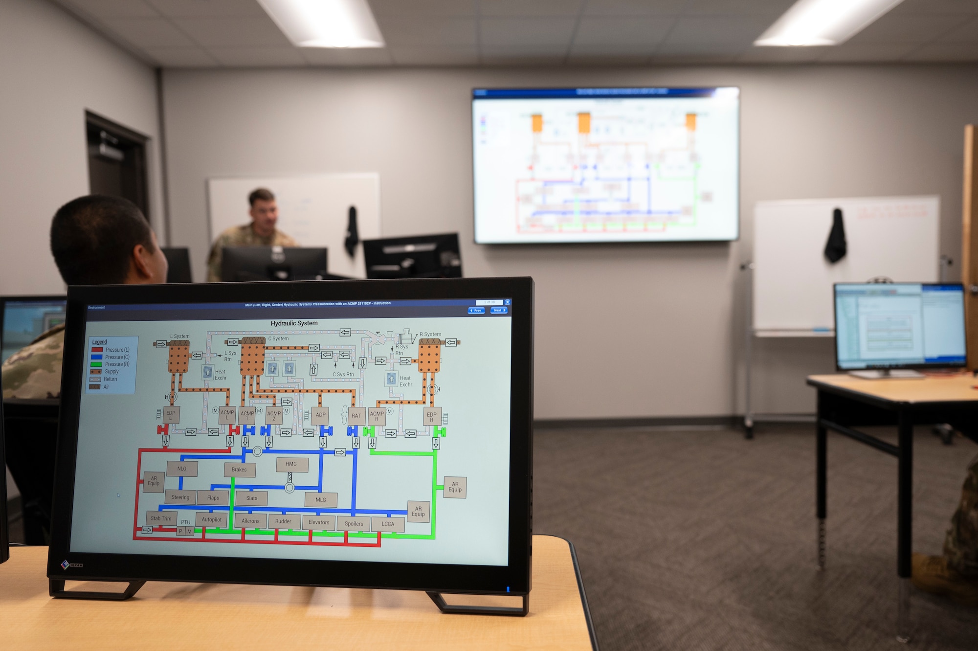 U.S. Air Force students view a hydraulic system display during a lesson instructed on the virtual maintenance training system at Joint Base McGuire-Dix-Lakehurst, N.J., Aug. 27, 2025. VMTS is a 3D, fully interactive system that can be used to provide guided or unguided instruction.