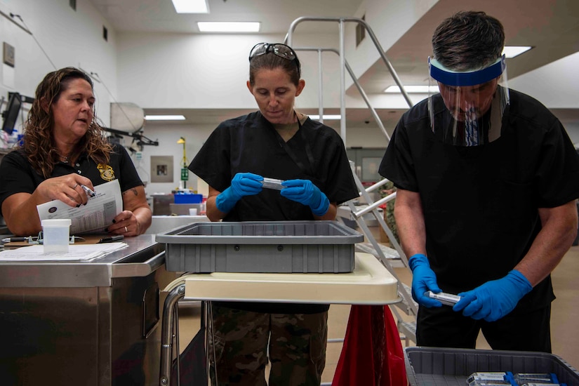 A woman at the center of the image dressed in black scrubs looks at human remains, as a man to her right in similar attire and wearing a protective face shield also looks at human remains, while a woman on the left also in similar attire takes notes.
