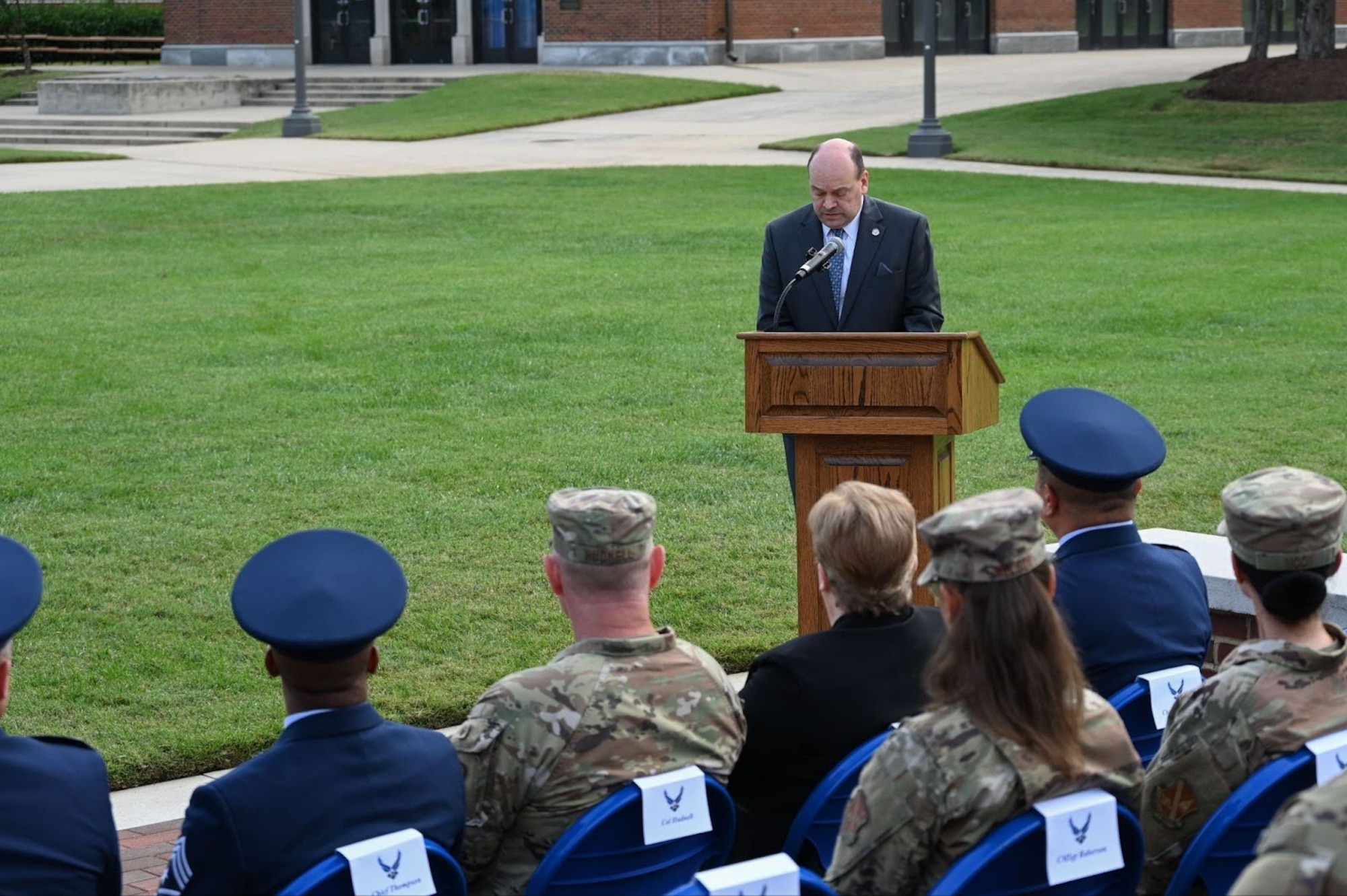 Retired U.S. Air Force Col. Andrew Weaver, former commander of the 11th Mission Support Squadron, addresses the audience during a 9/11 remembrance ceremony at Joint Base Anacostia-Bolling, Washington, D.C., Sep. 11, 2025.