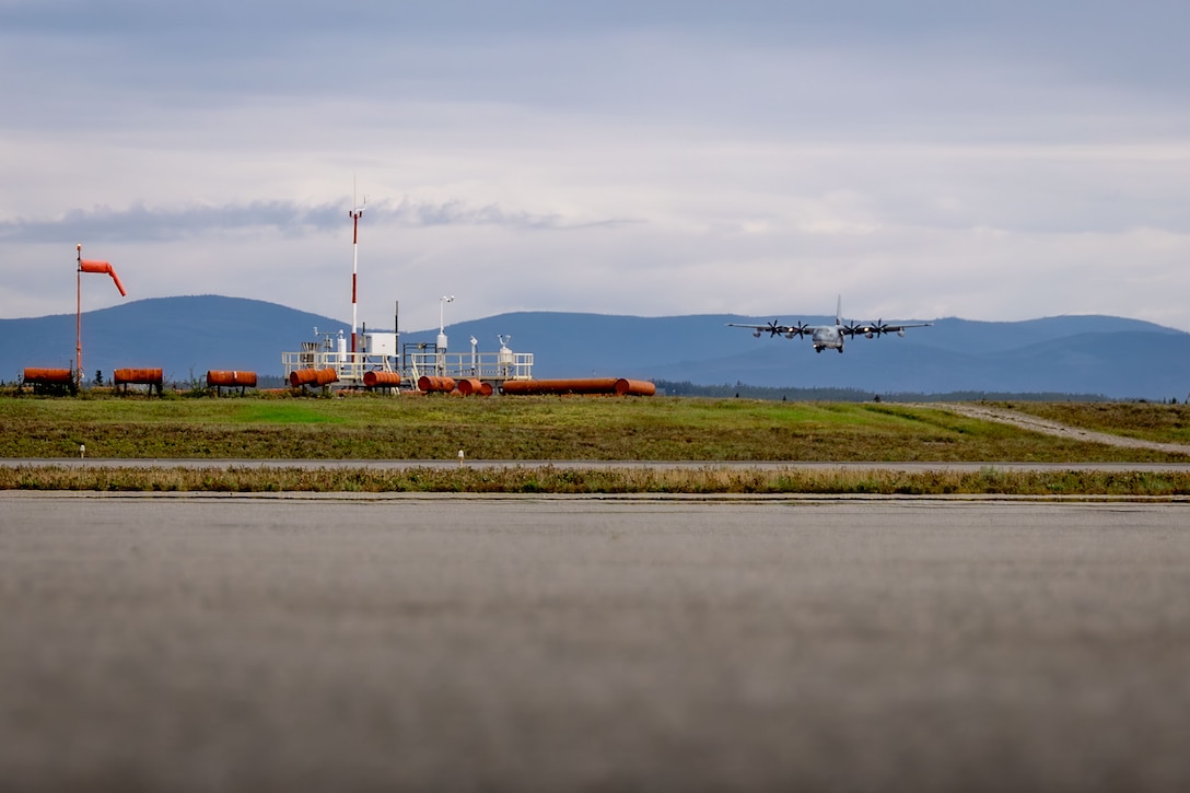 A U.S. Marine Corps KC-130J Super Hercules aircraft, assigned to Marine Aerial Refueler Squadron-234 (VMGR-234), Marine Aircraft Group-41, 4th Marine Aircraft Wing, transports Marines with 2nd Battalion, 14th Marine regiment, 4th Marine Division, to Allen Army Airfield during ARCTIC EDGE 2025 (AE25) at Fort Greenly, Alaska, Aug. 22, 2025. Specialized Arctic training generates valuable lessons learned for warfighters and enablers ensuring they can execute their assigned missions in any environment. AE25 is a NORAD and U.S. Northern Command-led homeland. (U.S. Marine Corps Photo by Lance Cpl. Edward Spears)