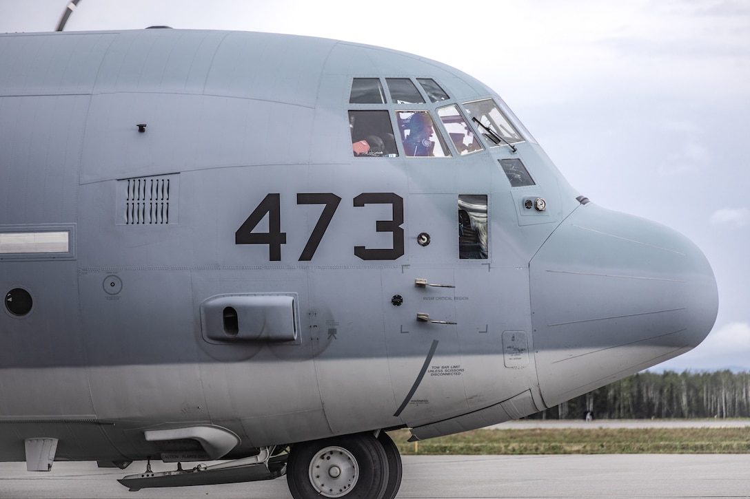 A U.S. Marine Corps KC-130J Super Hercules aircraft, assigned to Marine Aerial Refueler Squadron 234 (VMGR-234), Marine Aircraft Group-4, 4th Marine Aircraft Wing, transports Marines with 2nd Battalion, 14th Marine regiment, 4th Marine Division, to Allen Army Airfield during ARCTIC EDGE 2025 (AE25) at Fort Greenly, Alaska, Aug. 22, 2025. Specialized Arctic training generates valuable lessons learned for warfighters and enablers ensuring they can execute their assigned missions in any environment. AE25 is a NORAD and U.S. Northern Command-led homeland defense exercise designed to improve readiness, demonstrate capabilities and enhance Joint and Allied Force interoperability in the Arctic. (U.S. Marine Corps Photo by Lance Cpl. Edward Spears)