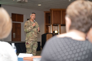 U.S. Air Force Col. Jose Cabrera, 355th Wing commander, kicks off the Arizona Commanders Summit at Davis-Monthan Air Force Base, Arizona, September 9, 2025. The ACS provides an opportunity for military commanders and Arizona community leaders to discuss topics impacting military installations. (U.S. Air Force photo by Airman Jaden Kidd)