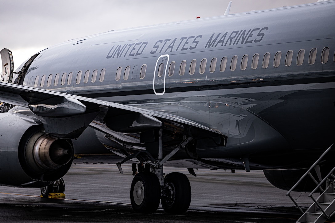 A C-40A aircraft, assigned to Marine Transport Squadron (VMR) 1, Marine Air Group 41, 4th Marine Air Wing, prepares for takeoff during ARCTIC EDGE 2025 (AE25) at Joint Base Elmendorf-Richardson, Alaska, Aug. 21, 2025. Specialized Arctic training generates valuable lessons learned for warfighters and enablers ensuring they can execute their assigned missions in any environment. AE25 is a NORAD and U.S. Northern Command-led homeland defense exercise designed to improve readiness, demonstrate capabilities and enhance Joint and Allied Force interoperability in the Arctic. (U.S. Marine Corps Photo by Lance Cpl. Edward Spears)