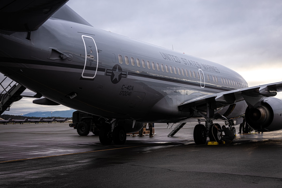 A C-40A aircraft, assigned to Marine Transport Squadron (VMR) 1, Marine Air Group 41, 4th Marine Air Wing, prepares for takeoff during ARCTIC EDGE 2025 (AE25) at Joint Base Elmendorf-Richardson, Alaska, Aug. 21, 2025. Specialized Arctic training generates valuable lessons learned for warfighters and enablers ensuring they can execute their assigned missions in any environment. AE25 is a NORAD and U.S. Northern Command-led homeland defense exercise designed to improve readiness, demonstrate capabilities and enhance Joint and Allied Force interoperability in the Arctic. (U.S. Marine Corps Photo by Lance Cpl. Edward Spears)