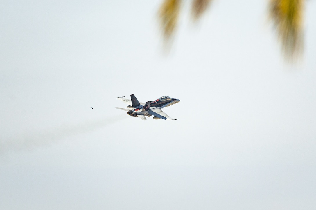 A U.S. Marine Corps F/A-18D Hornet assigned to Marine Fighter Attack Squadron (VMFA) 232, Marine Aircraft Group 11, 3rd Marine Aircraft Wing, takes off for a trans-Pacific flight in support of the Unit Deployment Program at Marine Corps Air Station Miramar, California, Sept. 5, 2025.