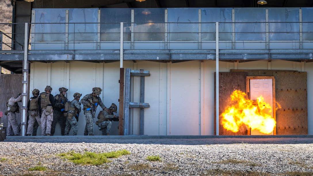 U.S. Marines with Battalion Landing Team 3/5, 11th Marine Expeditionary Unit, execute a raid during Raid Leaders Course 24-5 hosted by Expeditionary Operations Training Group, I Marine Expeditionary Force, on Marine Corps Base Camp Pendleton, California, Sept. 6, 2025.