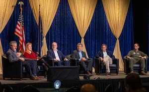 Panelists discuss advanced nuclear strategy as part of the “Powering the Mission: Nuclear Energy as a Strategic Advantage” at the Alaska Defense Forum in Fairbanks, AK, August 27, 2025. (From left: Lucian Niemeyer, Nancy Balkus, Dr. Jess Gehin, Dr. Jeremy Kasper, Bill Goodwin, Col. Matthew Johnston). (Credit: Alaska Defense Forum)